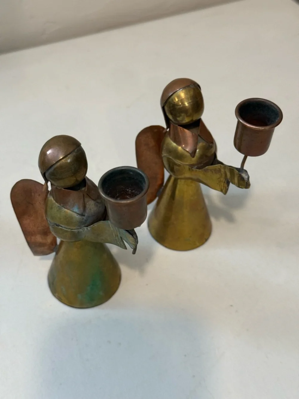Vintage Mexican Brass & Copper Angel Candle Holders‎  Set Mini Taper Pair Rustic
